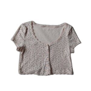 Aeropostale Light Pink Floral Print Short Sleeve Lacy Button Up Crop Top Large